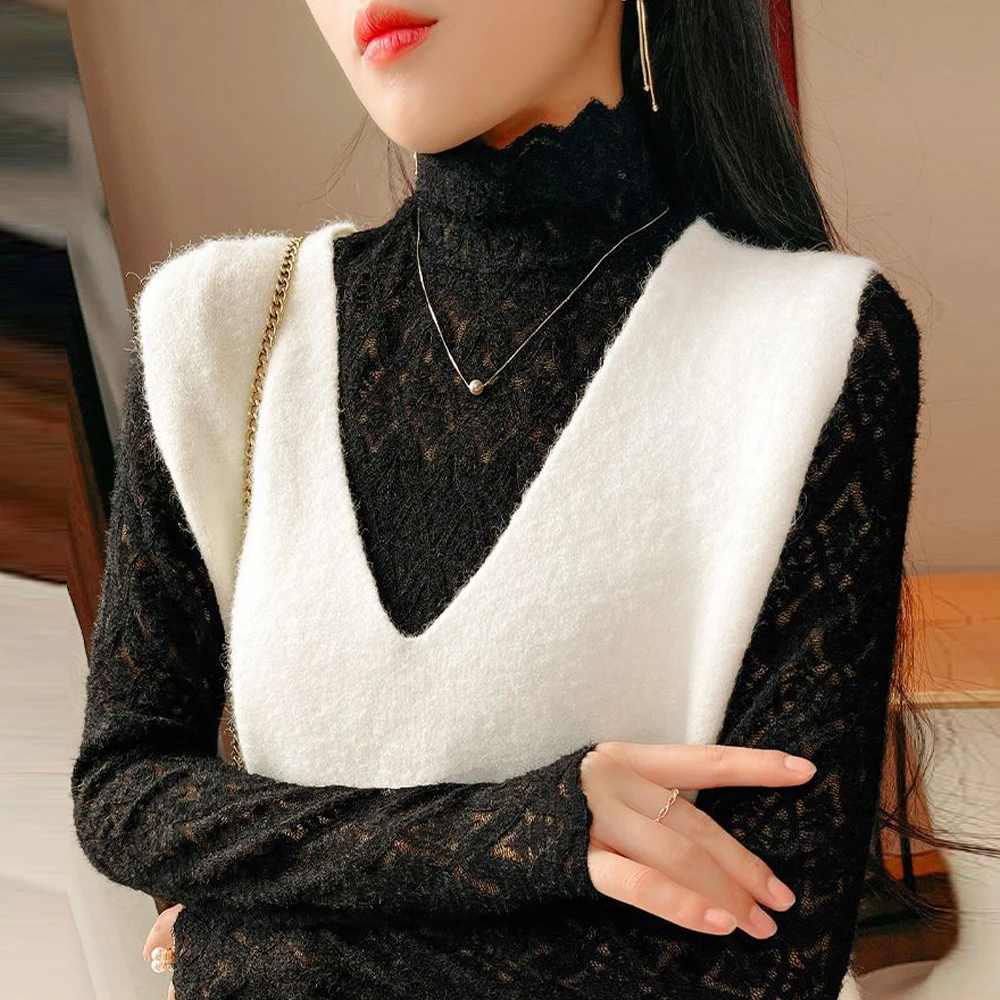 New Fashion Lace Sweater Turtleneck Long Sleeve Women T-shirt Slim Stretch Tops Ladies Sexy Tees S-2XL Black White Apricot Shirt