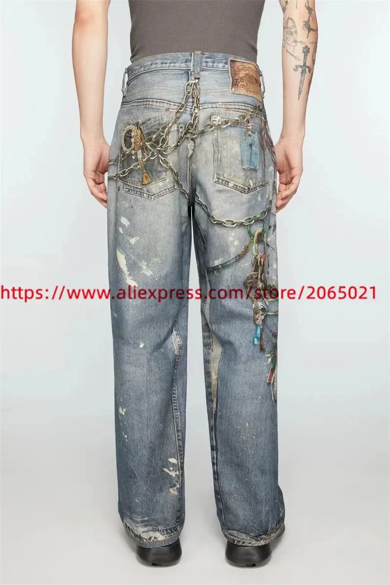 Elastic Floor Retro Distressed Patchwork Pants Jeans For Men Women Black Washed Joggers Trousers