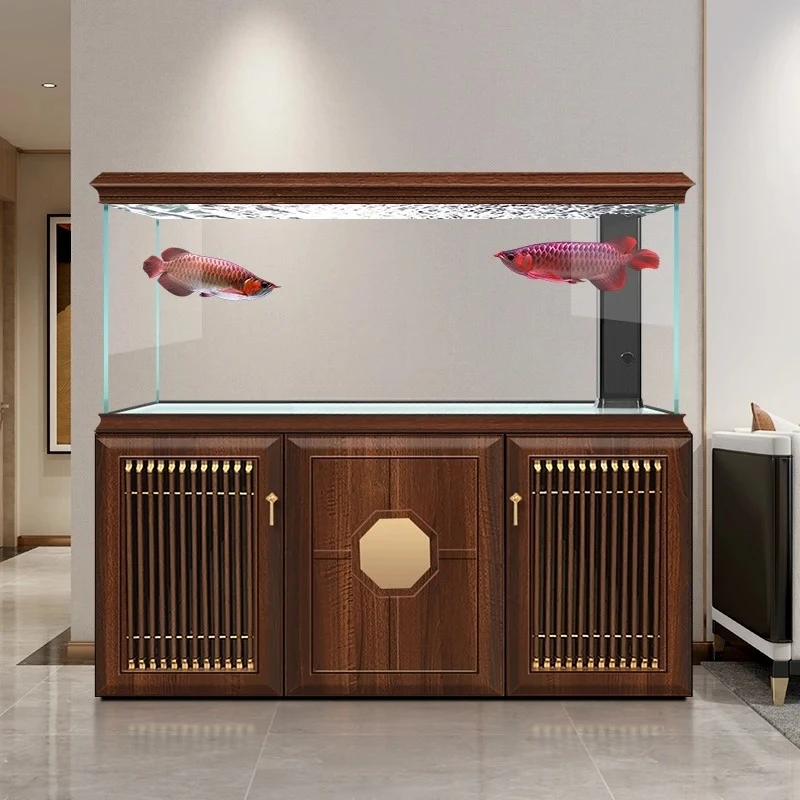 

Solid wood ultra-white glass fish tank living room household floor-to-ceiling filter large arowana tank
