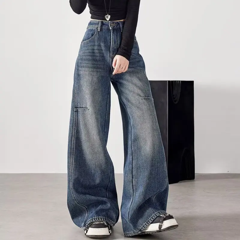 

American Style Retro New 2025 Women's High Waist Loose Wide Leg Jeans Knife Design Slimming Floor Length Trousers