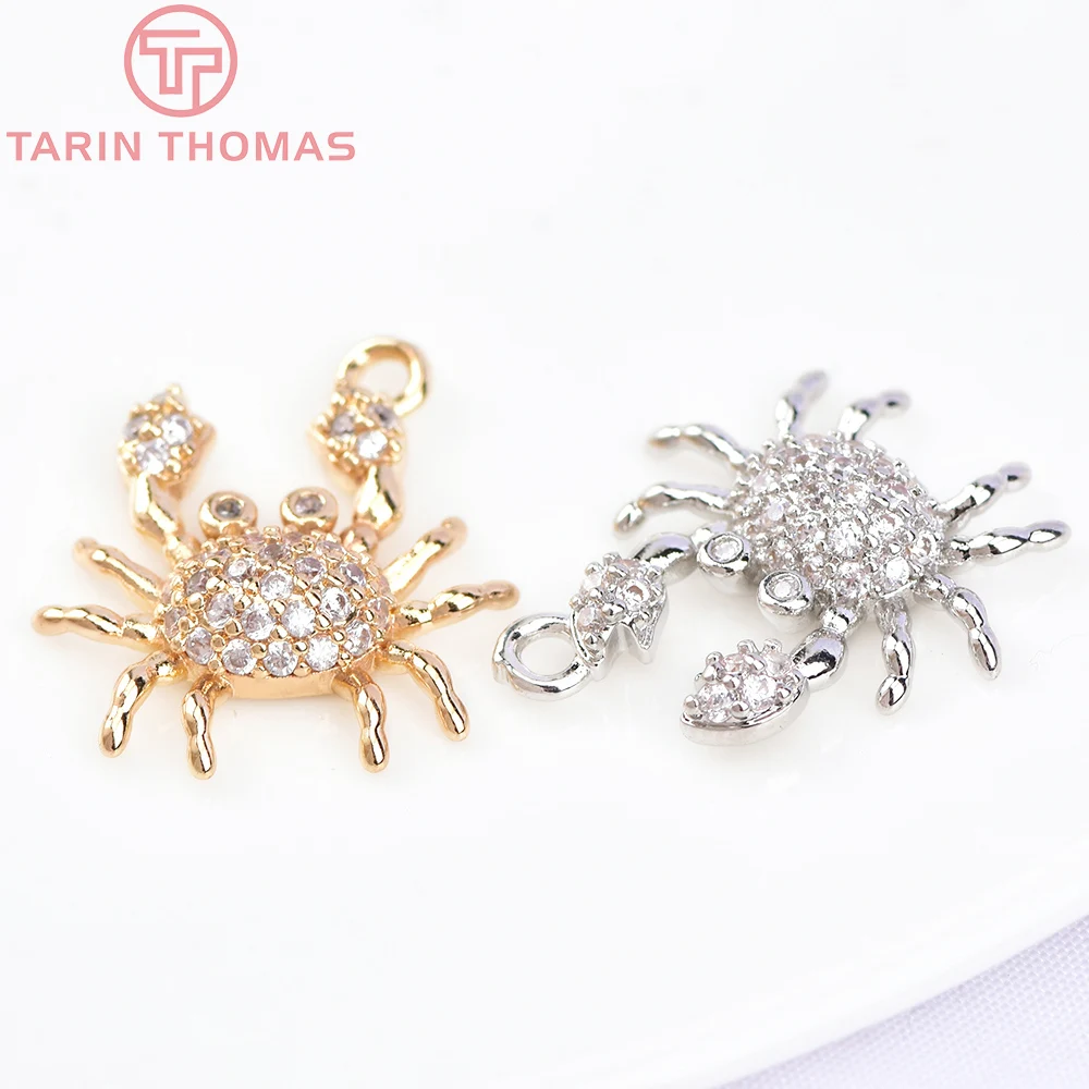 (4831) 6PCS 16x17MM 24K Champagne Gold Color Brass with Zircon Crab Shaped Pendants High Quality Diy Jewelry Making Findings