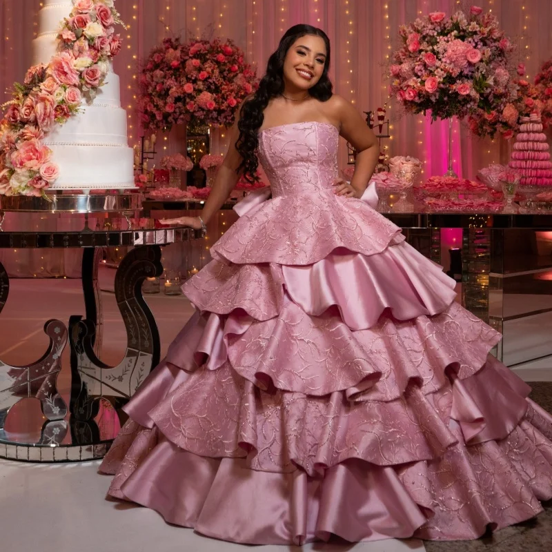 

Satin Pink Quinceanera Dresses Off the Shoulder Sequin Layering Decal Long tail Bow Vestido De 15 Quinceanera Customize