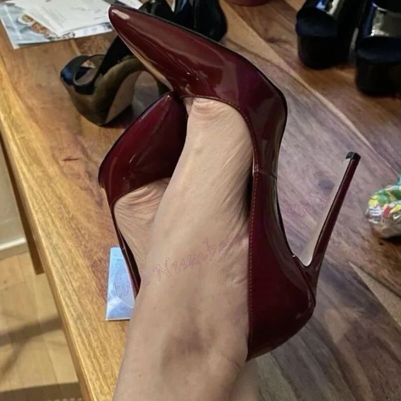 

Wine Red Shallow Patent Leather Elegant Pumps Pointed Toe Shoes for Women Thin High Heels Party Shoes 2025 Zapatos Para Mujere
