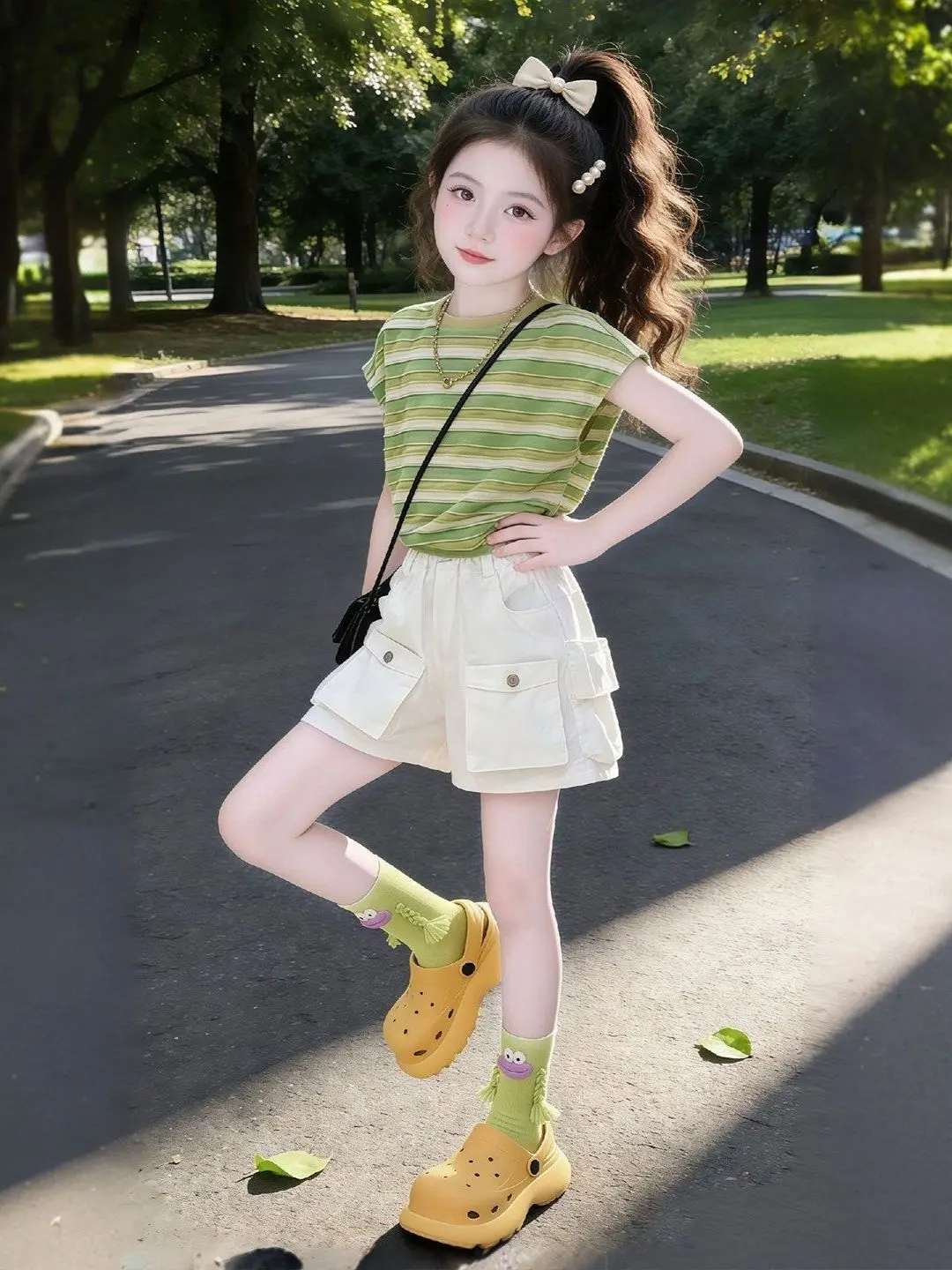 

Girls Summer Outfit Set Striped Short Sleeve T-Shirt And Shorts Two Piece Trendy Clothing for Children Breathable Casual Spor...