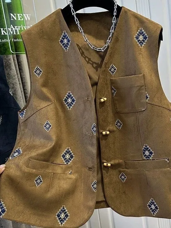 

Large Size 2300 Pound Retro Casual Print V-Ne Single Button Svel Vest ex Trendy Versatile Layered Top Youth Faion