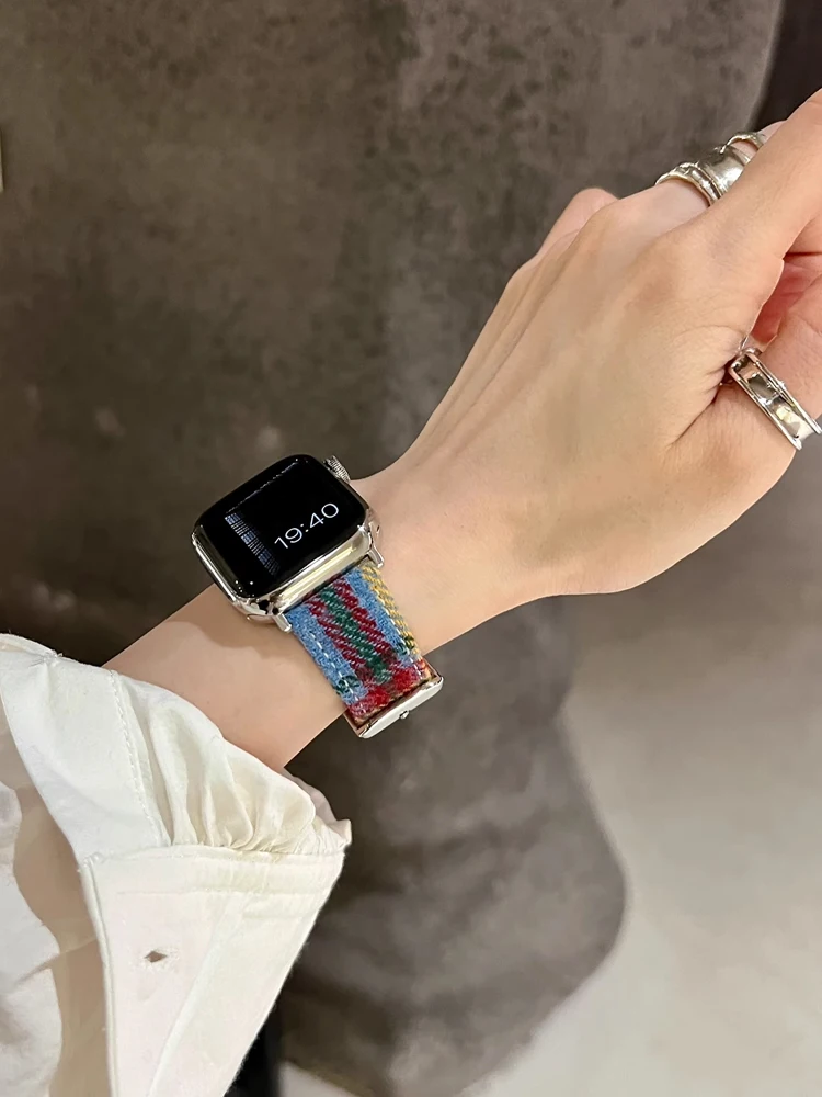 Retro Leather Band For Apple Watch 38mm 41mm 40mm 42mm 44 45mm 46mm 49mm Old Money Wool Strap For iWatch Ultra 10 9 8 7 SE 6 5 4