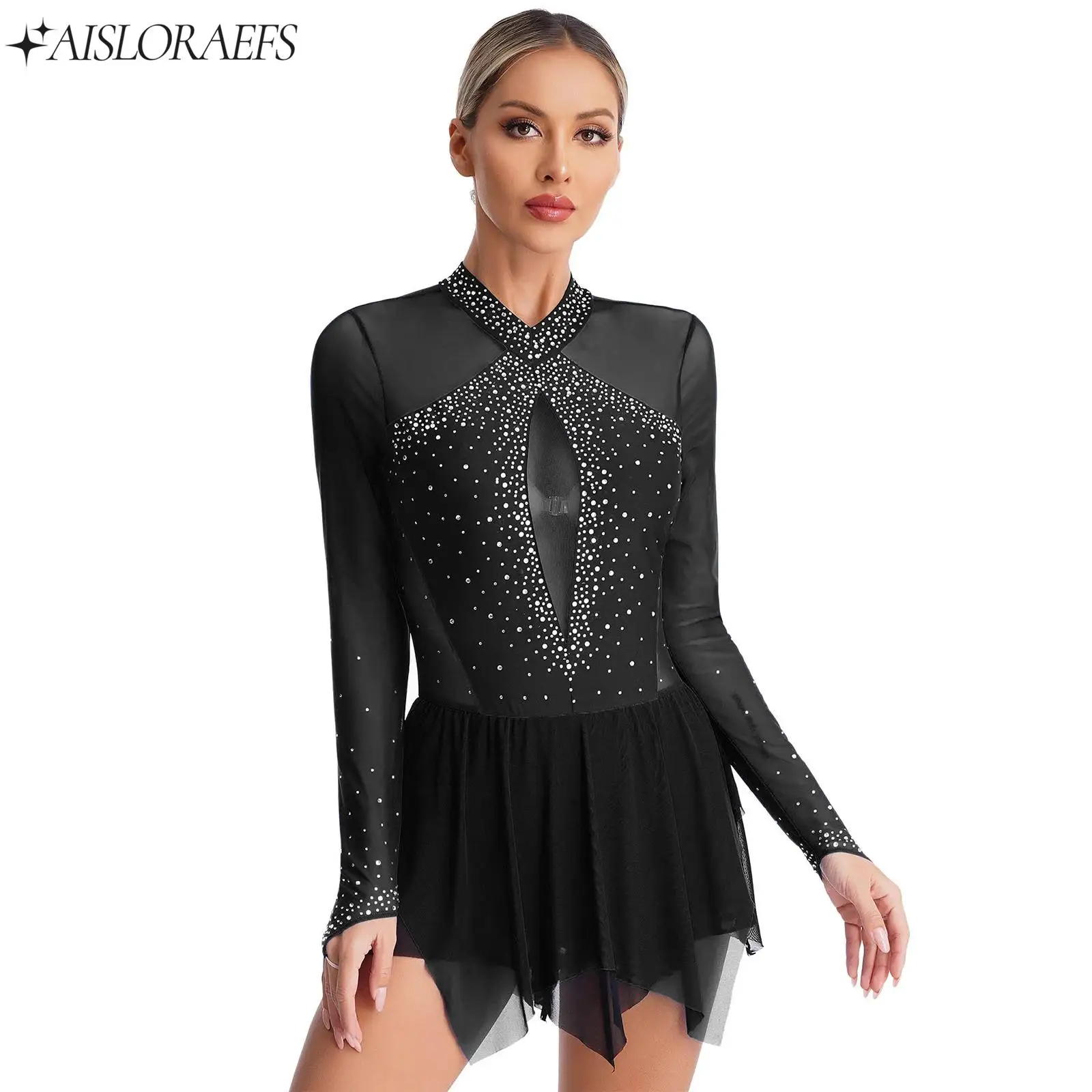 

Womens Sparkling Rhinestones Ballet Dance Dress Long Sleeve Contrast Color Patchwork Irregular Hem Dresses Lyrical Dance Clothes