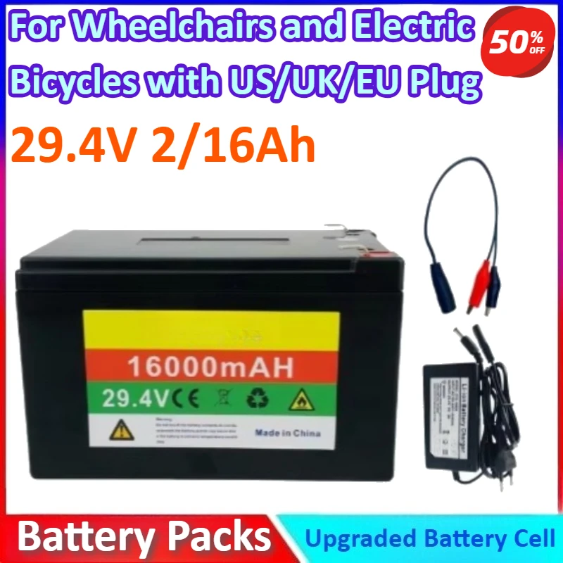

7S5P 29.4V 16Ah Battery Pack, 500W General-purpose Lithium-ion for Wheelchairs and Electric Bicycles with 2A US/UK/EU Charger