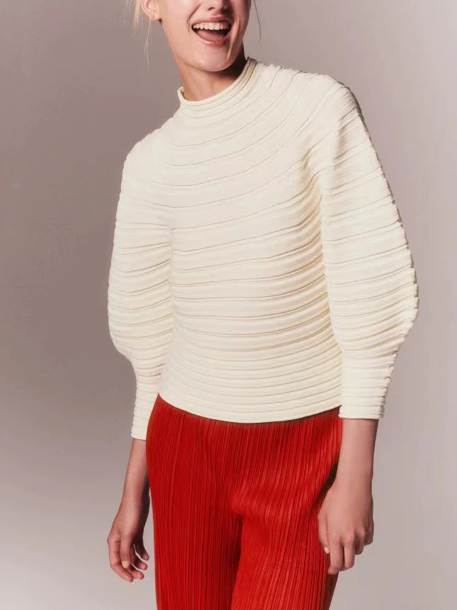 EUHG Miyake Pleated Autumn Winter Sweater Women Thickening Mushroom Knit Women Round Sleeves Tops 2024 Winter New