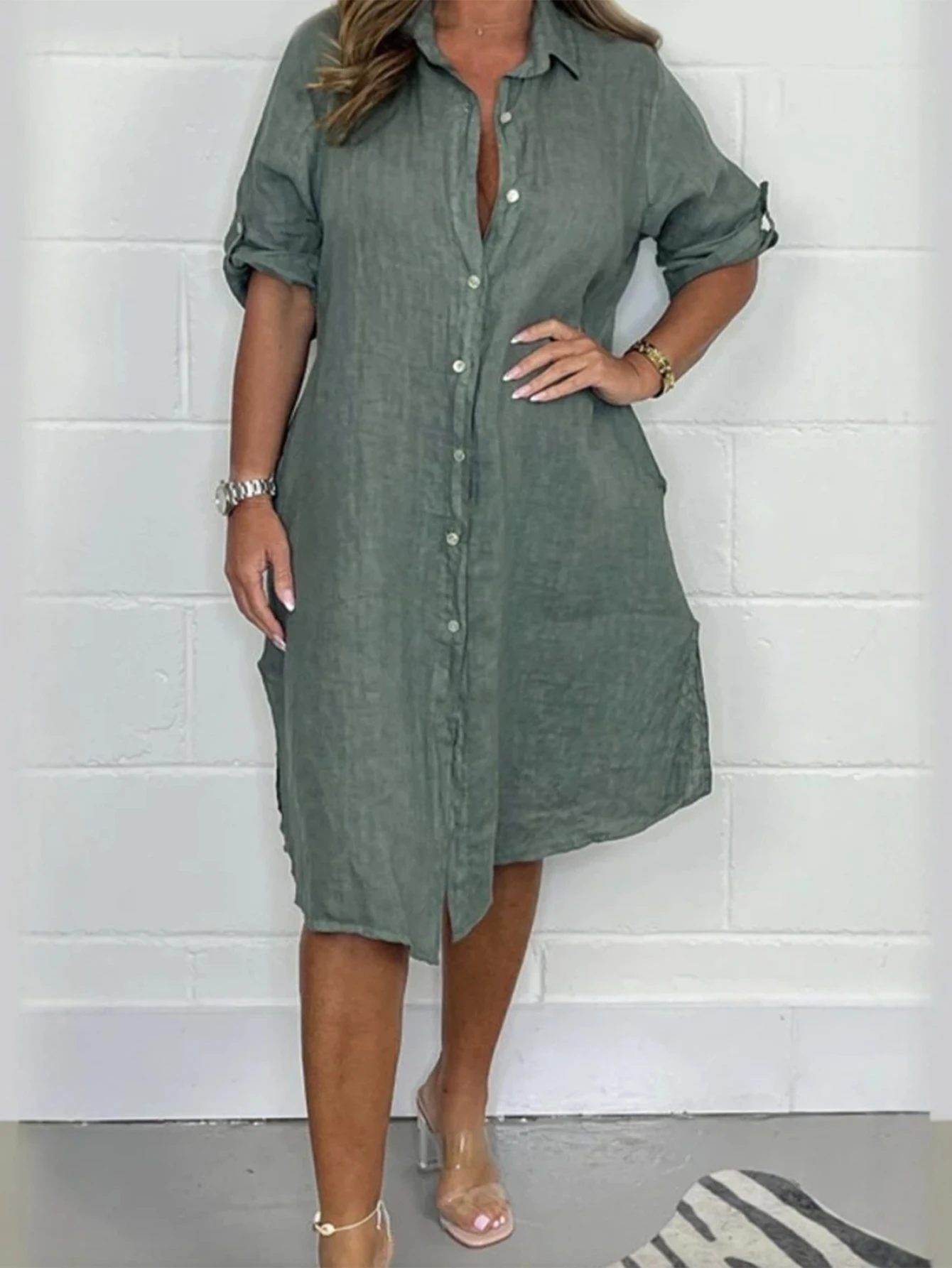 Abito da donna casual con colletto a camicia a maniche lunghe sul davanti con bottoni in tinta unita per l'abbigliamento quotidiano da donna in ufficio Stile basic autunnale