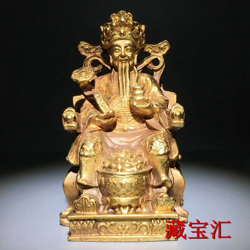 Vintage Countryside Antique Collection Qing Dynasty Qianlong Pure Copper Gilded God of Fortune Statue Attract Wealth Worship