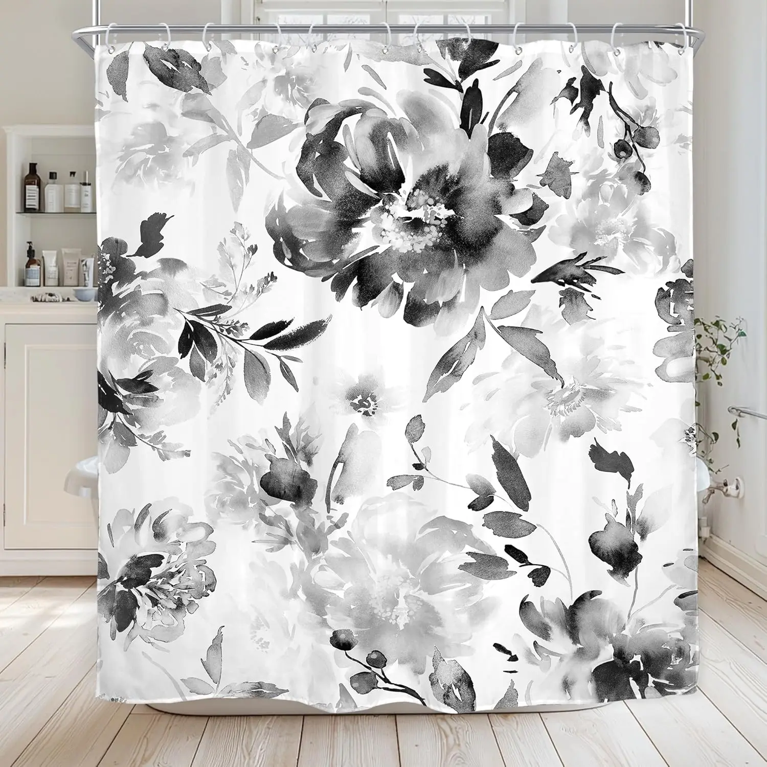 

Черно-белая занавеска для душа с цветочным принтом, цветы, акварель, роза, пион, весна, ботанические натуральные листья, ткань для работы, водонепроницаемая ткань