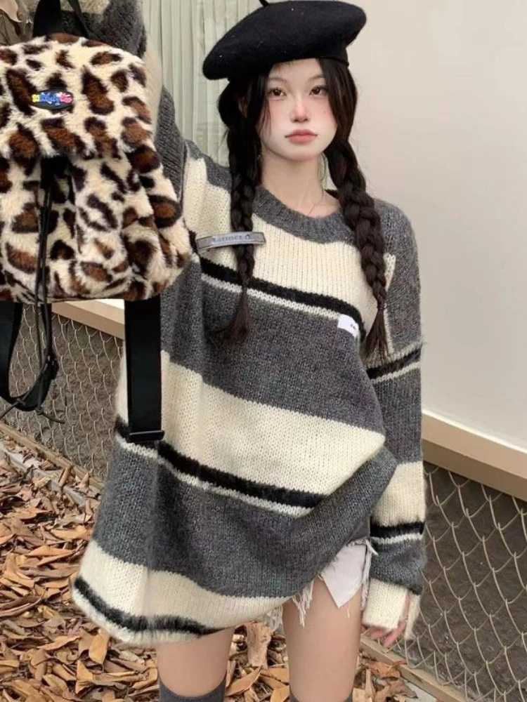 

Vintage Stripes Sweaters Women Loose O-neck Harajuku Panelled Chic Autumn Casual Long Sleeve Knitted Pullovers Korean Fashion BF