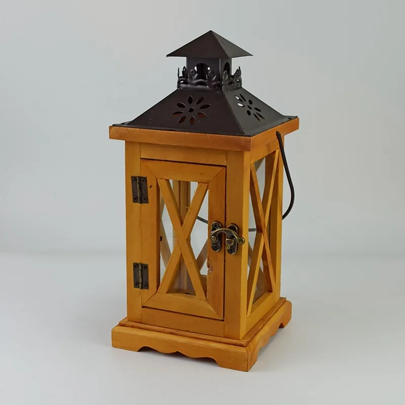 Free Shipping 28cm*12.5cm*12.5cm Retro Wood Wrought Iron Wind Lamp Candlestick Creative European Home Desktop Features Ornaments