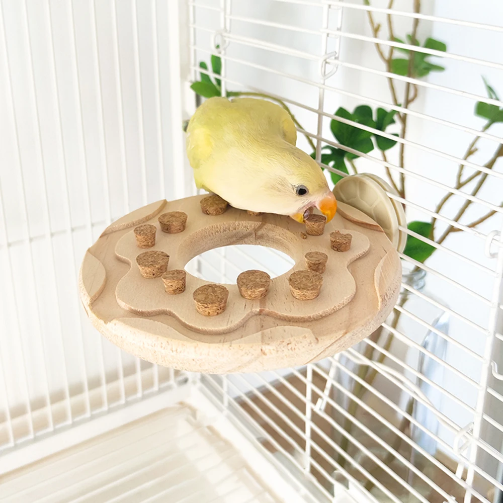 Wood Cheese Donut Shape Bird Stand Platform Toy with Cork Grinding Chew Educational Toy for Pet Hamster Parrot Cage Accessories