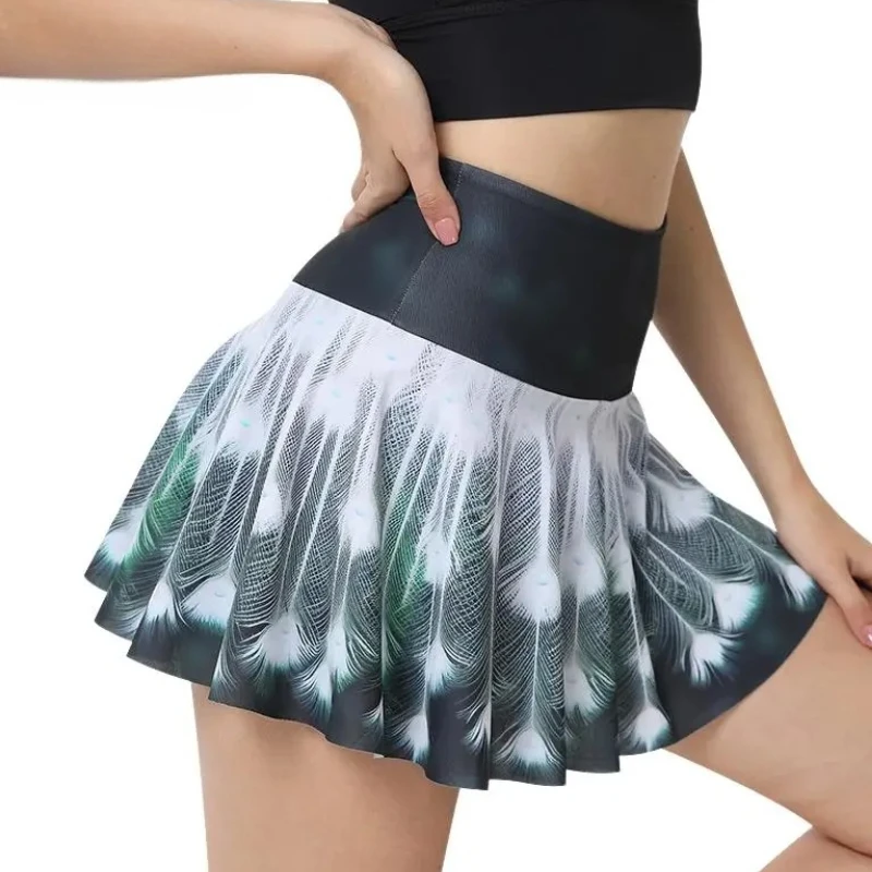 

Summer Women Yoga Printed Badminton Tennis Skirts Pleated Running Sports Skirt With Shorts Elastic Anti-emptied Fitness Skorts