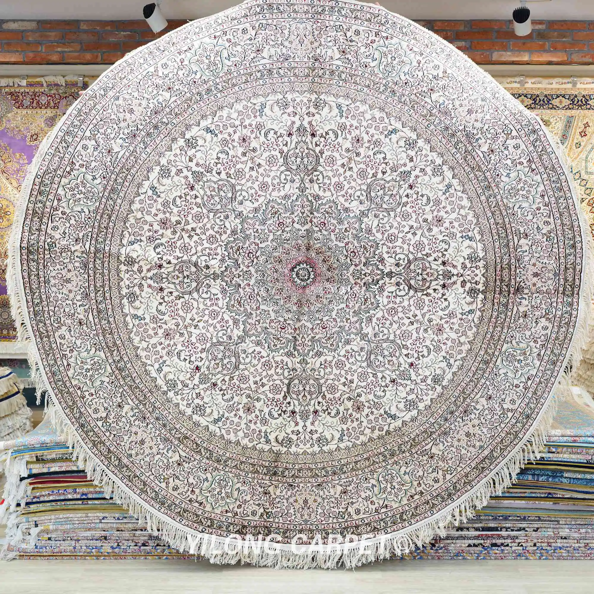 8'x8' Persian Silk Carpet Beige Medallion Exquisite Round Oriental Rug (WY326A)