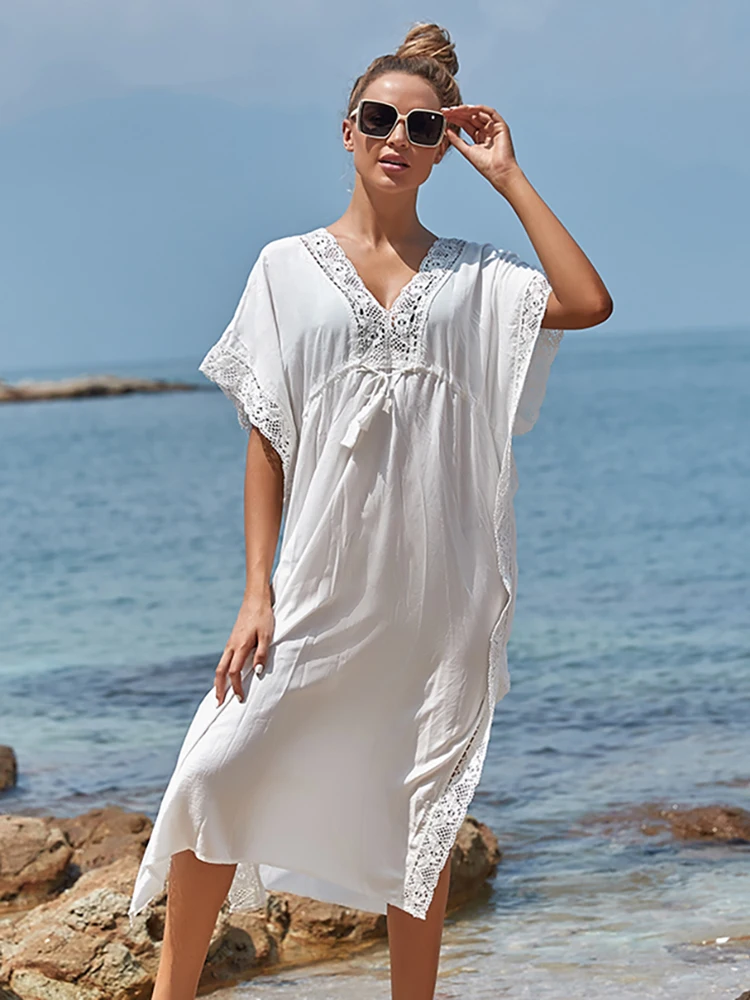 

2024 Maxi Dress Tassel Kaftan Boho Beach Dress White Kimono Cover Up Ropa De Playa Beach Pareo Tunic Kaftan Swimsuit