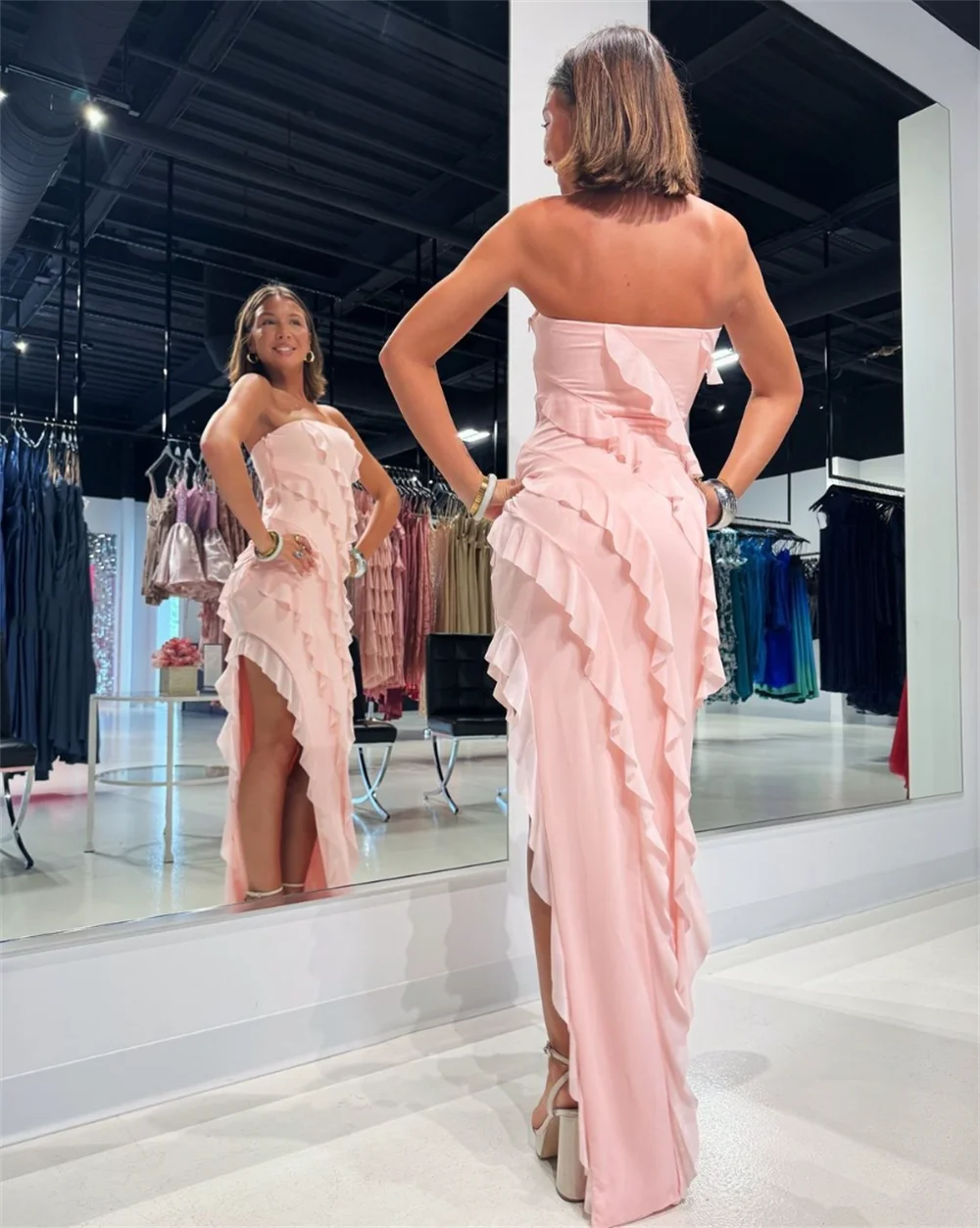 Jessica-vestidos De graduación multicapa con volantes sin tirantes para mujer, vestidos De noche Rosa dulce, vestidos De fiesta De boda