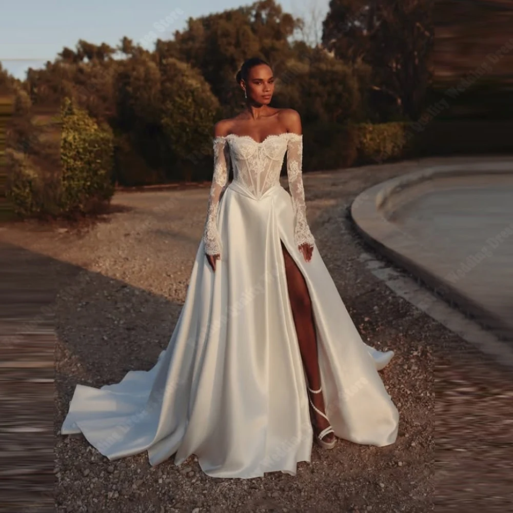 

2025 Fashion Satin Wedding Dresses For Women Off The Shoulder A-Line Bridal Robes Engagement Banquet Vestido De Novia Customized