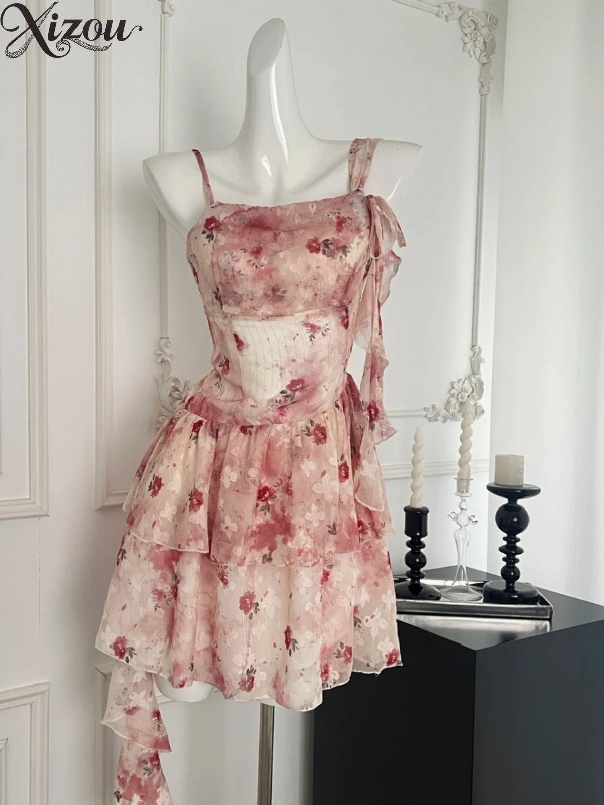 2025 moda verão acima do joelho vestidos curtos femininos férias irregular vintage suspender elegante vestido floral mulher