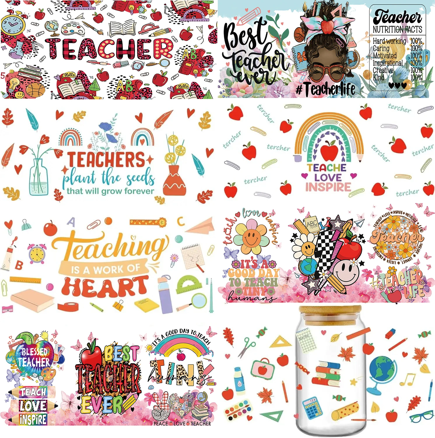 

Teachers Day UV DTF Cup Wrap Transfer Sticker for 16oz Libbey Glasses Wraps Cup Can DIY Waterproof Easy To Use Custom Decals