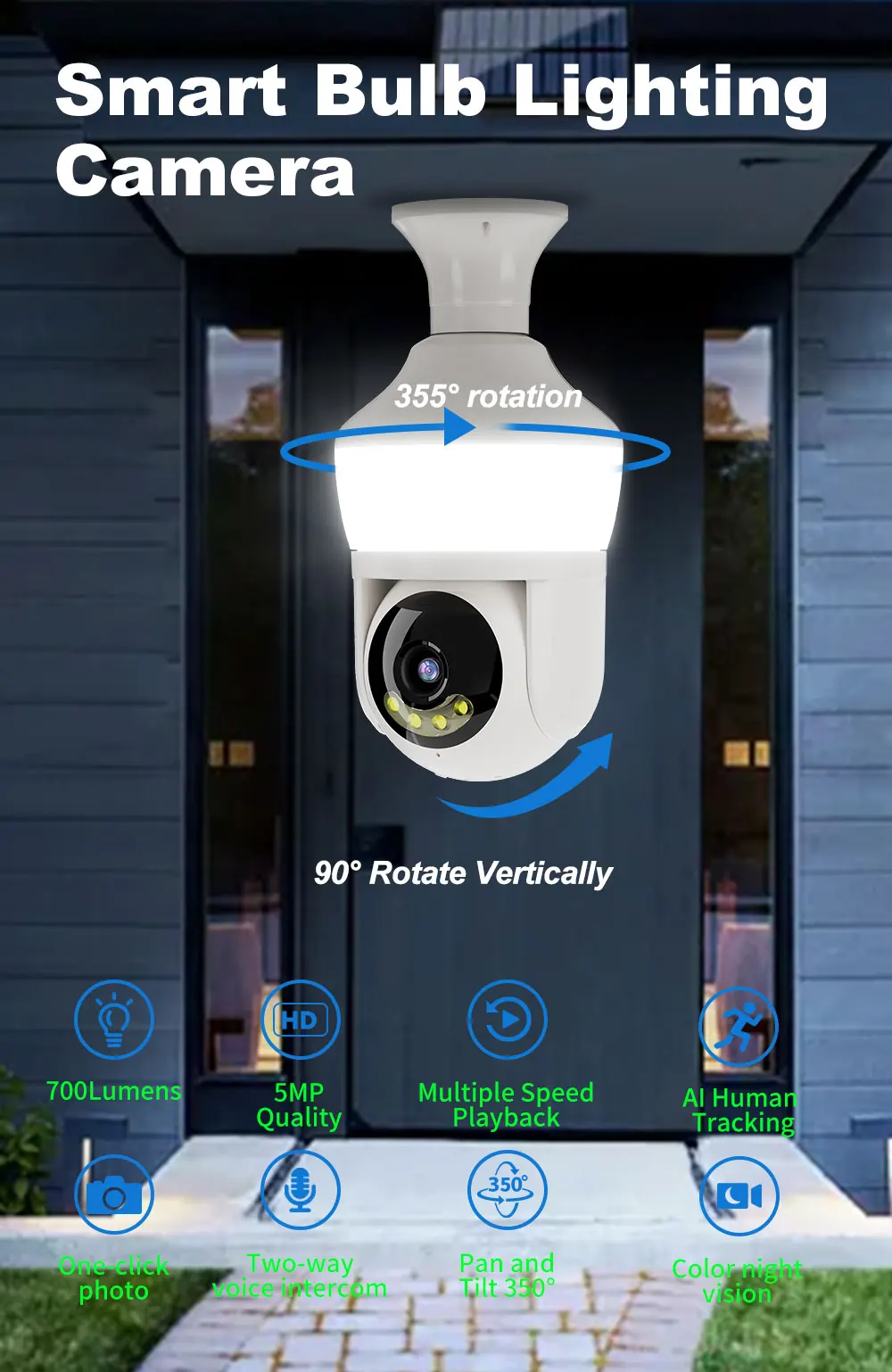 5MP 1944P Carecam APP كامل اللون ليلة مصباح E27 اللاسلكية PTZ IP كاميرا بشكل قبة AI كشف الإنسان المنزل Seucity شاشة CCTV