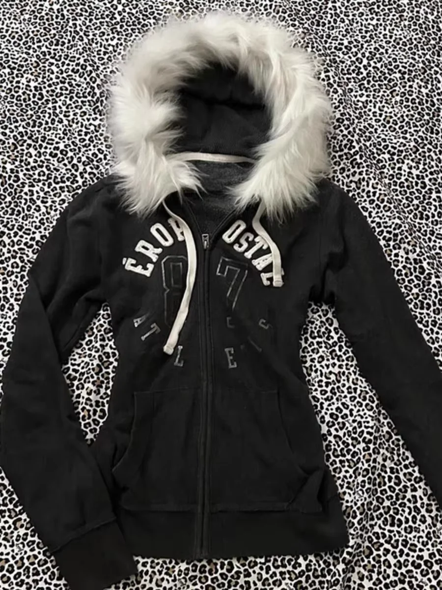 European and American Retro New Coat Fur Collar Oversized Hoodie for Women Y2K Gothic Punk Zipper Sweatshirt for Women