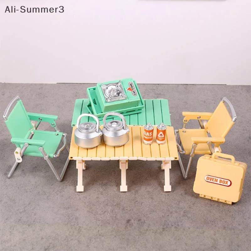 1:12 دمية مصغرة التخييم نزهة مجموعة كرسي قابل للطي مواقد الغاز نموذج ديكور لعبة بيت الدمية الملحقات