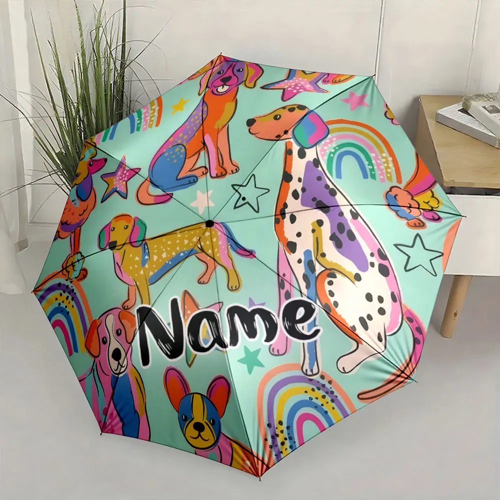 Custom Name Umbrella, Colorful Dog Pattern Umbrella with Rainbows and Stars Design Folding Umbrella for Sunny and Rainy,Gift