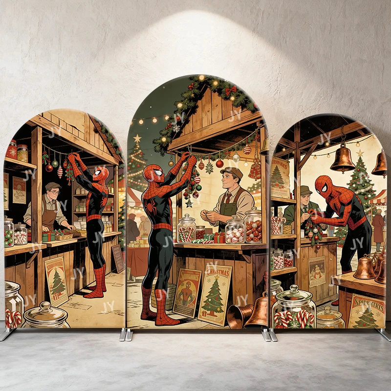 

Spiderman Christmas Market Stall Arch Backdrop Cover Retro Festive Scene For Kids Birthday Baby Shower Photo Booth Background