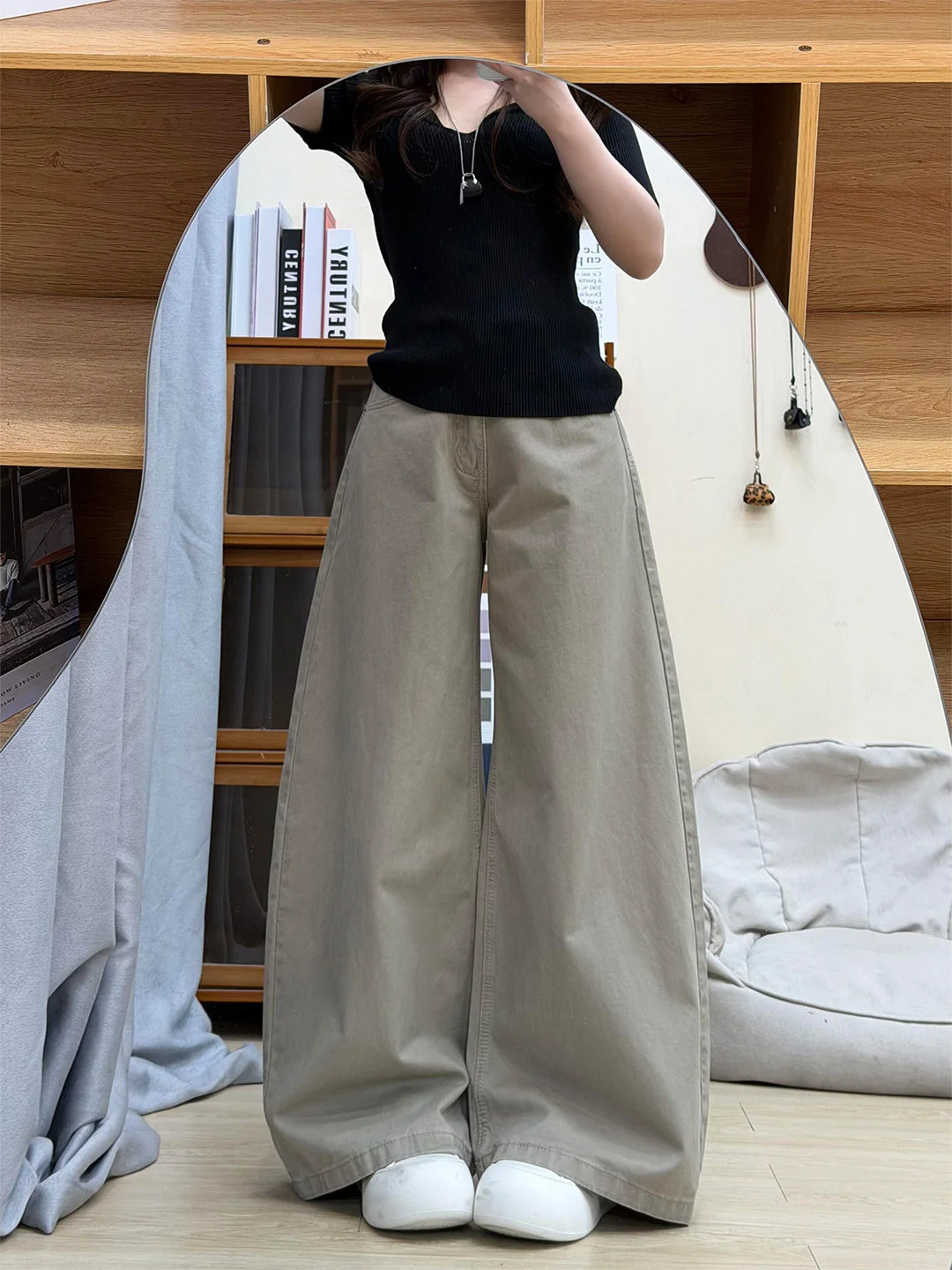 

2026 New Lazy Style High Waist Wide Leg Loose Washed Khaki Denim Straight Tube Thin Jeans Women's Casual High Waist Jeans