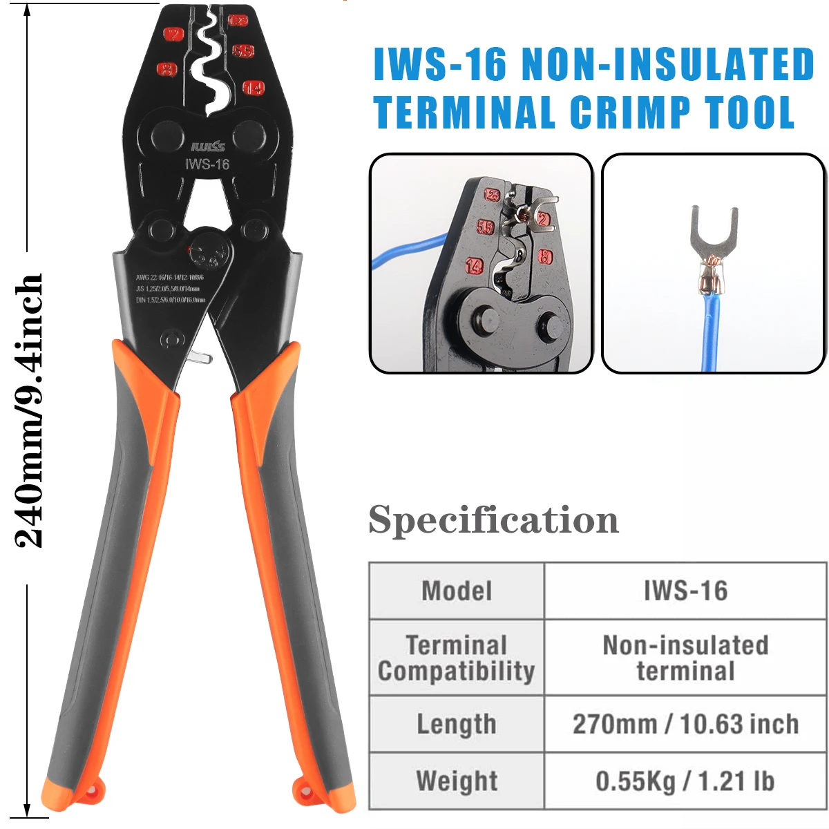 Non Insulated Terminal Crimper, AWG 22-6 Ratchet Wire Crimper Tool for Battery Cable Terminal, Copper Butt Connector