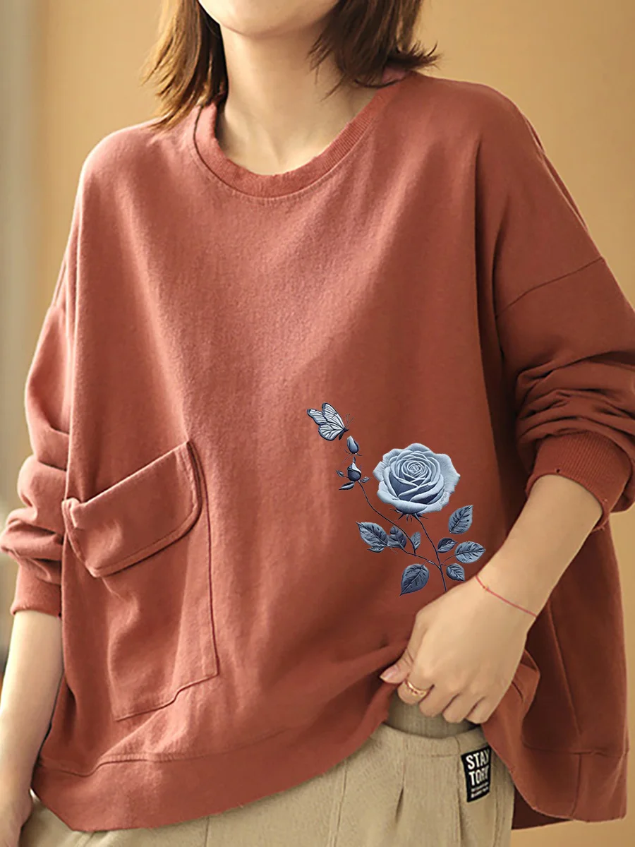 

Pure Cotton Long Sleeve Hoodie Women's Autumn Winter New Style Large Pocket Artistic Red Top Breathable Comfortable Loose Fit