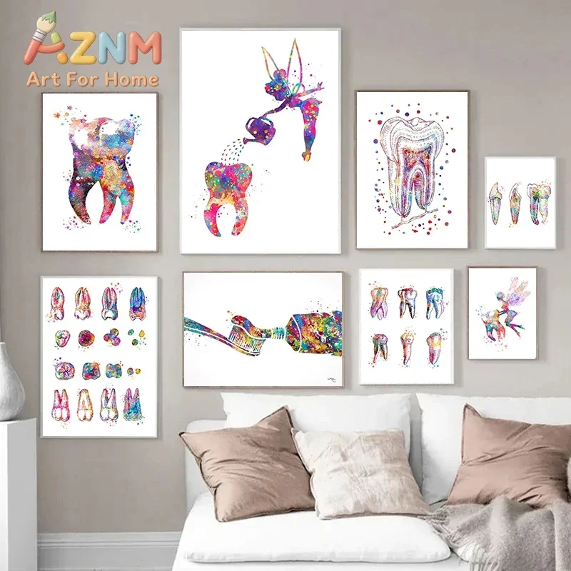 1pc frameless Canvas Painting Abstract Watercolor Painting of Dental Implant Posters Prints Dental Dentist Anatomy Canvas Wall A