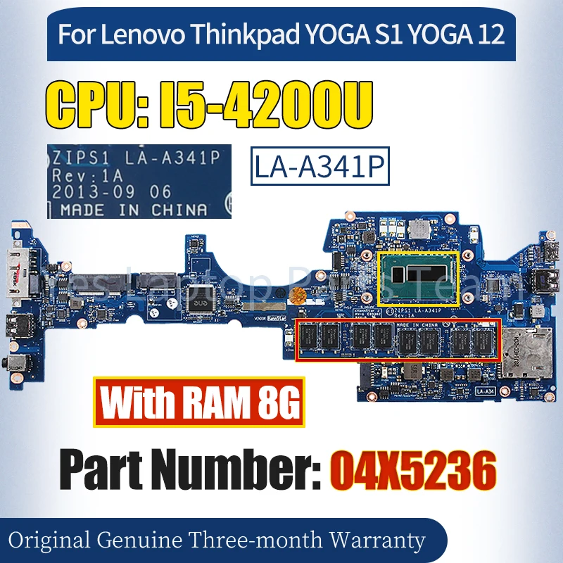 ZIPS1 LA-A341P For Lenovo Thinkpad YOGA S1 YOGA 12 Laptop Mainboard 04X5236 I5-4200U RAM 8G Notebook Motherboard 100％ Tested