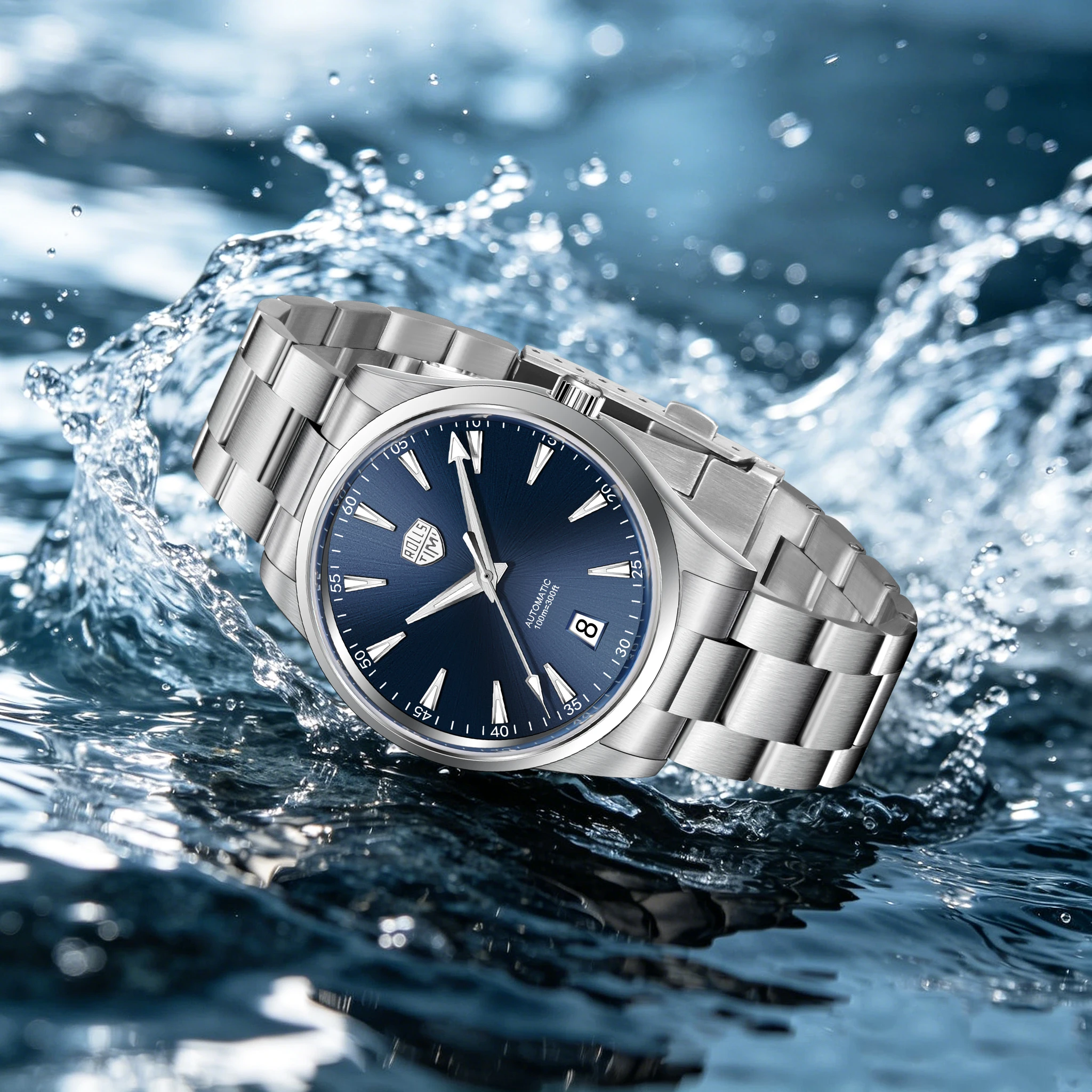 ROLLSTIMI Premium Luxury Formal Men Mechanical Watch Minimalist Business Stainless Steel Sapphire Luminous Calendar Diving Watch