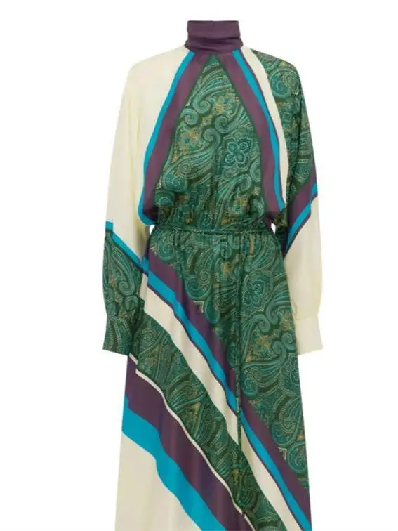 Summer 2026 Women's Slim Fit Silk Satin Print Long Sleeve High Collar Street Style Dress Cleanfit A-Line Skirt Soft Fabric view 5
