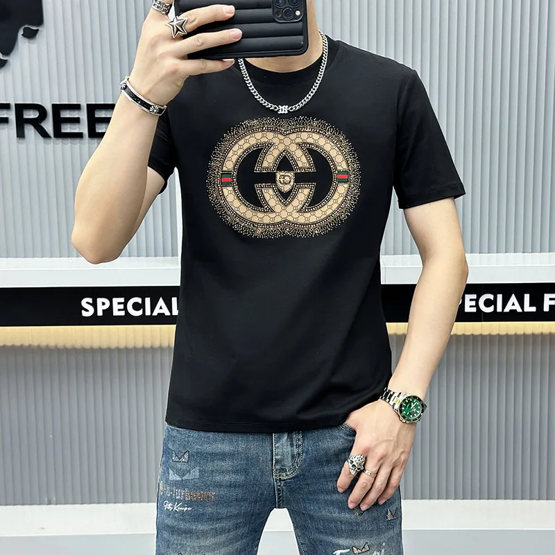 

Men's Summer Loose Size Creative Letter Drill Slim Fit Casual Sports Round Neck Short Sleeved T-shirt Top Clothes M-4XL