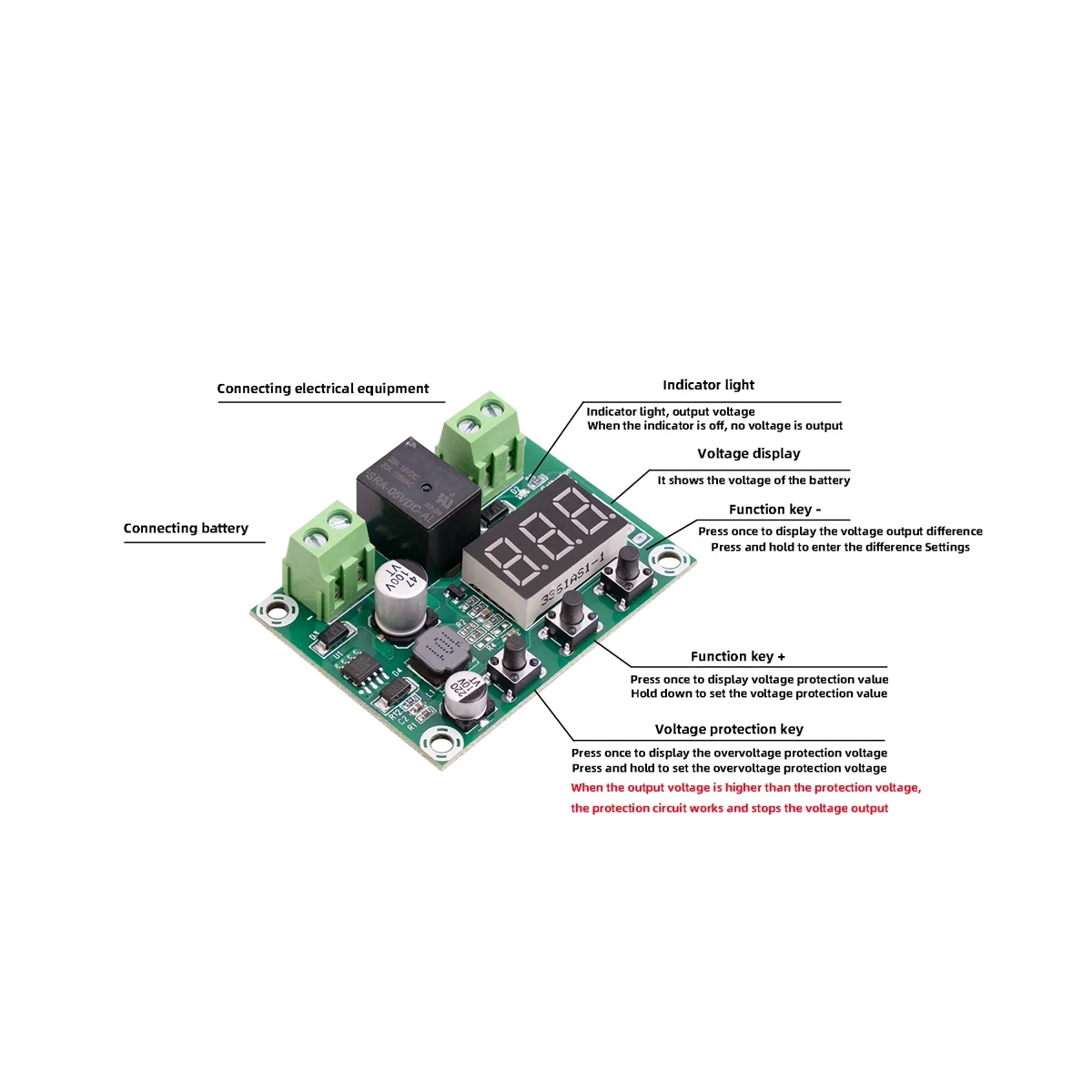 6V-80V Battery DC Voltage Protection Module High Voltage Undervoltage Battery Disconnect Output Protection Board