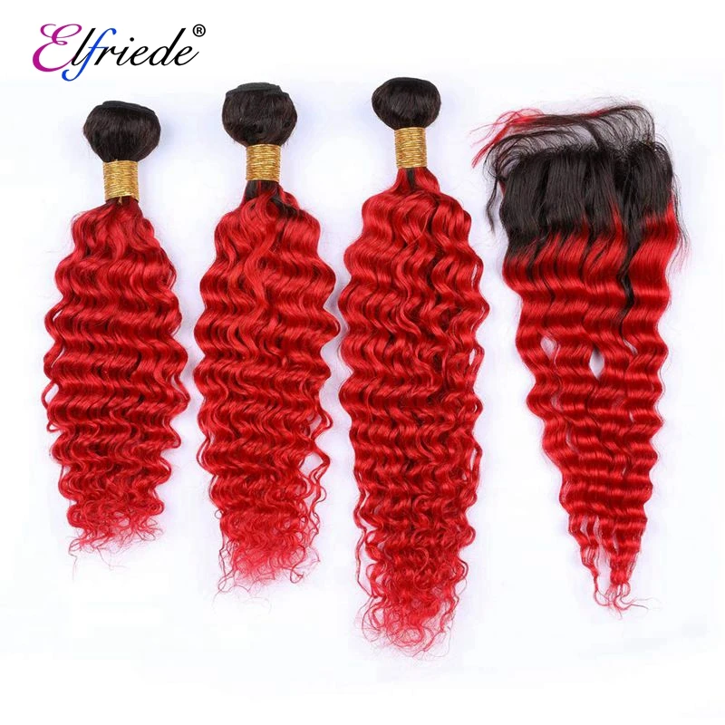 

Elfriede #1B/Orange Red Deep Wave Ombre Colored Hair Bundles with Closure 100% Human Hair Weaves 3 Bundles with Lace Closure 4x4