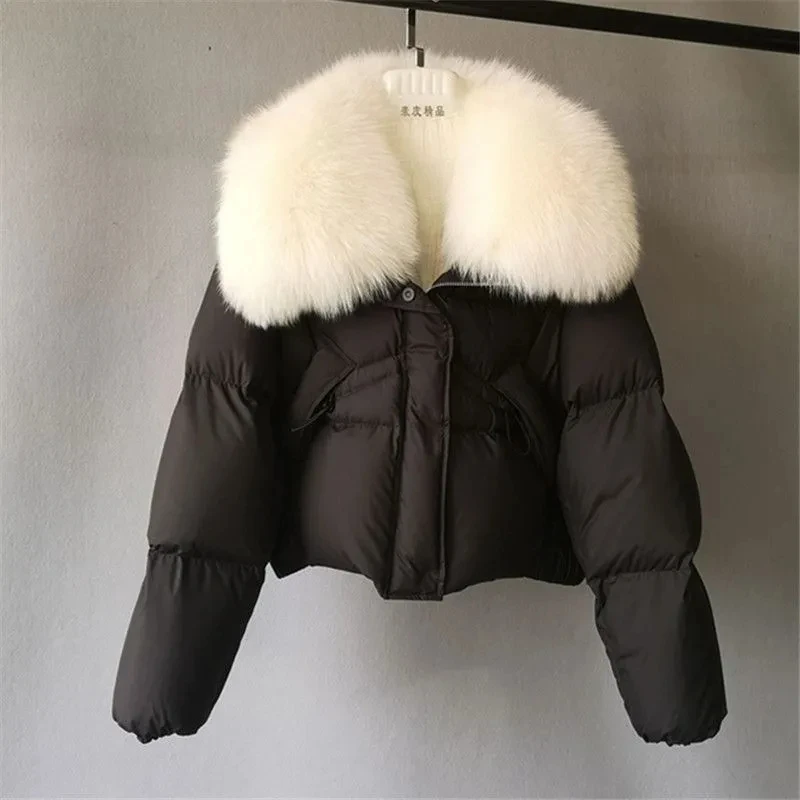 2024 Fashionable European Style Winter New Women's Down cotton Jacket Short Thick Fur Collar Detachable Square Neck Top