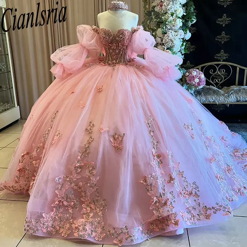 

Pink illusion long sleeve bow quinceanera dresses ball gown 3D butterfly beading corset vestidos de XV anos
