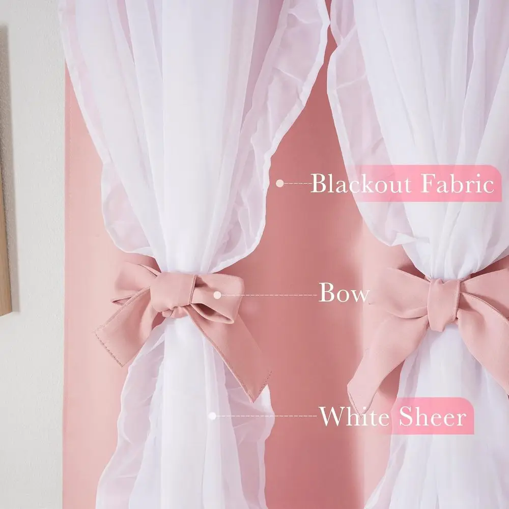 ブラッシュピンクの二重層リボンカーテン、シアーフリル付き、シャビーシックスタイル、52x84インチ、女の子の寝室用2枚セット