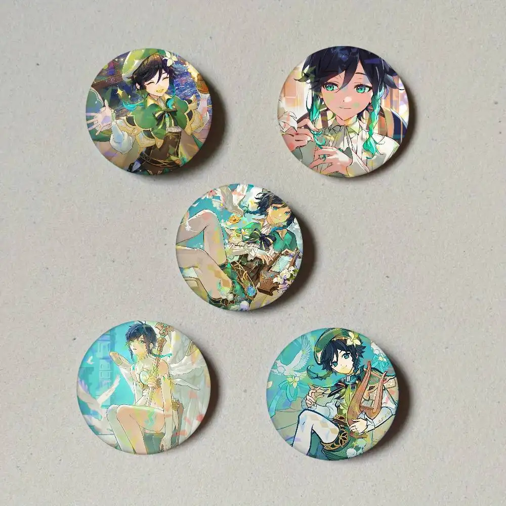 Genshin Impact Venti Round Exquisite Laser Badge Brooches Creative Pins For Clothes Hat Backpack Gift Accessories