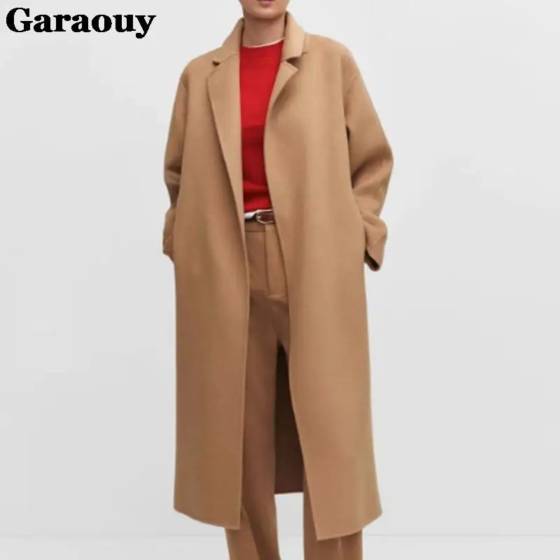 Garaouy outono inverno feminino básico lapela sólida cinto casaco de lã feminino casual commuter outwear solto midi comprimento jaqueta casaco