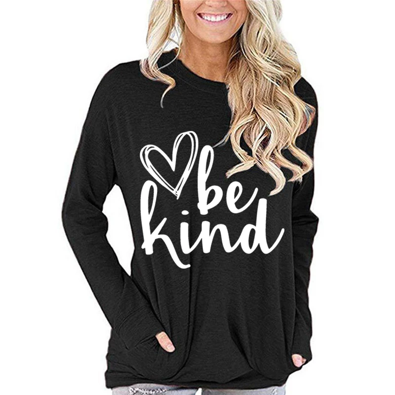 Be Kind Letter Print Heart Pattern T-Shirt Women Humorous Quotes Streetwear Funny Ulzzang Fashion Long Sleeve Female T Shirt image 2