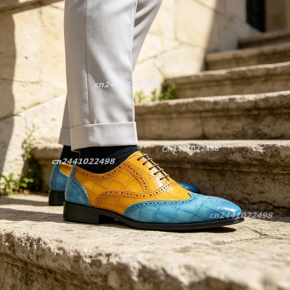 Men's Color Block Crocodile Print Brogue Shoes Lace Up Pointed Toe Formal Dress Mixed Color Oxfords Business Wedding Footwear