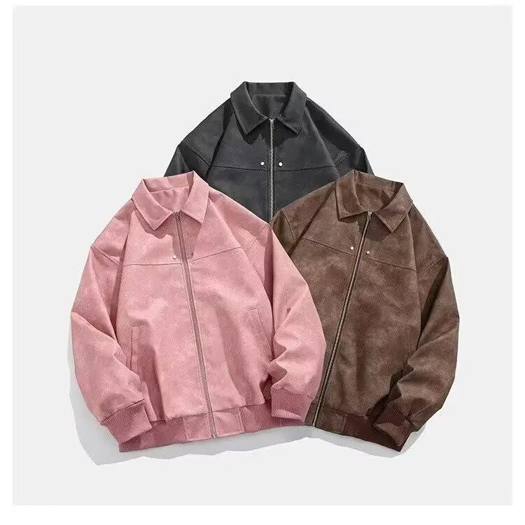 

Retro American Brown Suede Jaet Men's Spring Autumn ort Sle Cool Brand Youth Faion Stand Fit Baseball Coat