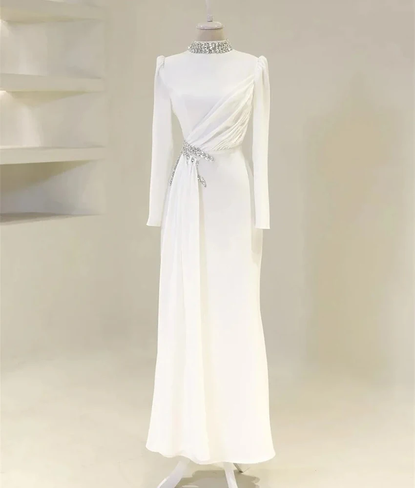 

Customized Formal Jersey Mermaid Crystal Evening Dress Temperament High Collar Long Sleeves Floor Length Celebrity Gowns